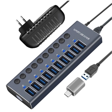 Concentrateur USB 3.0 à 10 ports avec interrupteurs d\'alimentation individuels - Gris