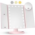 Miroir de maquillage pliable sur 3 côtés avec 22 lumières LED - grossissement 1X/2X/3X/10X - rose