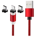 Câble Magnétique LED 3-en-1 - Lightning, USB-C, MicroUSB - 1m - Rouge