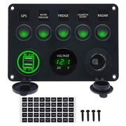 Panneau de commande à 5 interrupteurs avec voltmètre, chargeur USB et prise allume-cigare pour camping-cars, bateaux et embarcations - Vert