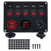 Panneau de commande à 5 interrupteurs avec voltmètre, chargeur USB et prise allume-cigare pour camping-cars, bateaux et embarcations - Rouge