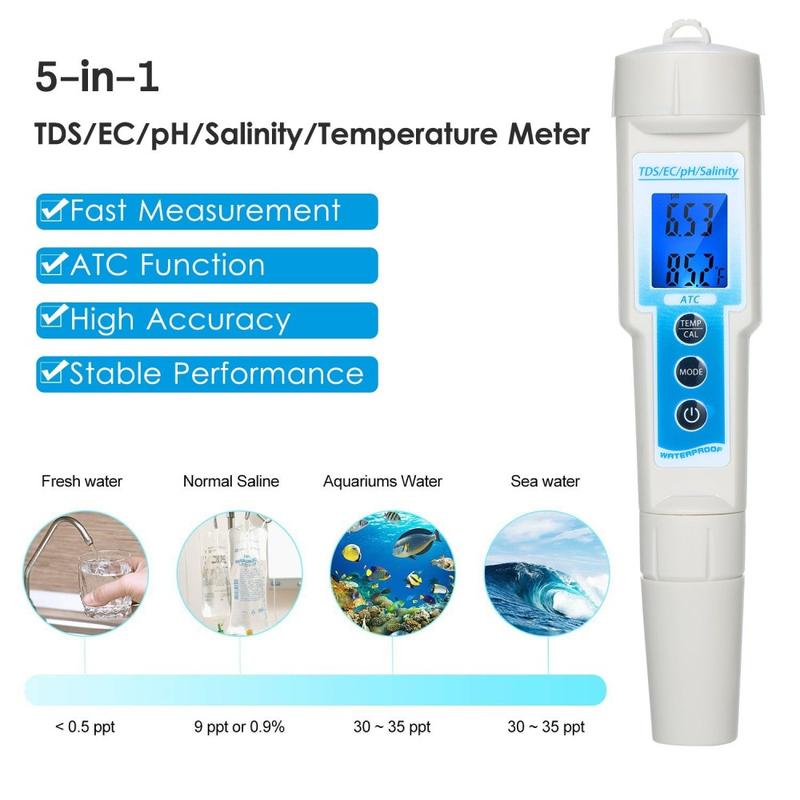 pH-mètre 5-en-1 Léger, durable, étanche et multifonctionnel TDS