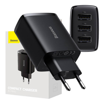 Baseus Compact Quick Charger CCXJ020101, 3x USB, 17W - Noir