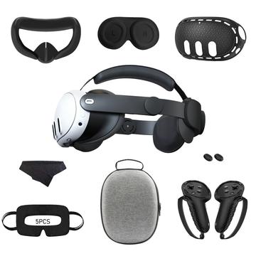 Kit d\'accessoires 9 pièces pour Meta Quest 3 : courroie de tête, étui de rangement en EVA, housses en silicone pour les poignées, et plus encore