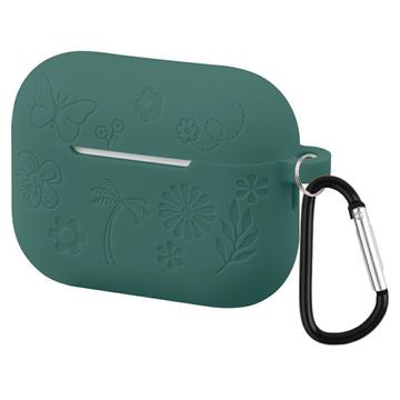 Étui en silicone liquide à motif floral AirPods Pro 3 avec mousqueton - Vert foncé