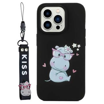 Coque iPhone 14 Pro Max en TPU avec Sangle Kiss Série - Hippopotame