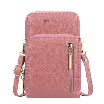 BAELLERRY N0110 Women Double Layer Zipper Wallet PU Leather Cellphone Purse with Shoulder Strap - Rose Foncé