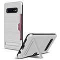 Coque Hybride Brossé avec Porte-Cartes pour Samsung Galaxy S10+ - Argenté