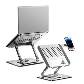 Support pour ordinateur portable rotatif à deux bras en acier au carbone avec support magnétique pour téléphone - Argent
