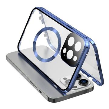 Compatible avec l\'étui MagSafe pour iPhone 15 Pro Cadre magnétique en métal + coque en verre trempé double face avec fermeture à boucle - Bleu foncé