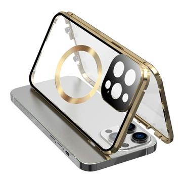 Compatible avec l\'étui MagSafe pour iPhone 15 Pro Cadre magnétique en métal + coque en verre trempé double face avec fermeture à boucle - Or