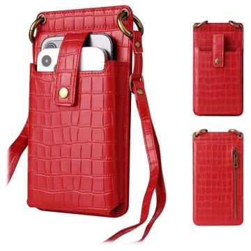 Sac à Bandoulière Smartphone Crocodile avec Miroir de Maquillage - Rouge