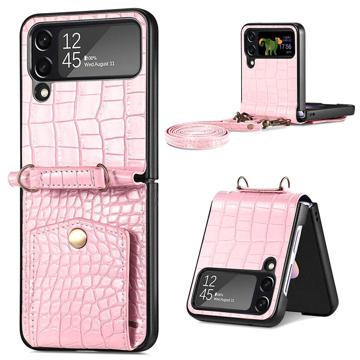 Coque Samsung Galaxy Z Flip4 avec Lanière Série Crocodile - Rose