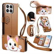 Étui-portefeuille Xiaomi 17 Chat mignon avec porte-cartes, poche zippée et dragonne - Marron