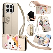 Étui-portefeuille Xiaomi 17 Chat mignon avec porte-cartes, poche zippée et dragonne - Kaki
