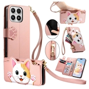 Étui-portefeuille Xiaomi 17 Chat mignon avec porte-cartes, poche zippée et dragonne - Rose