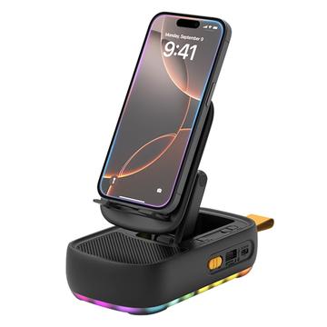 F15 Support de téléphone pliable 3-en-1 avec haut-parleur Bluetooth et banque d\'alimentation 1200mAh