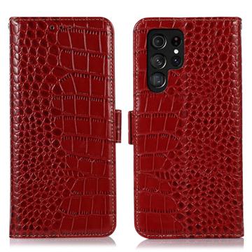 Étui Portefeuille Samsung Galaxy S23 Ultra 5G en Cuir avec RFID - Série Crocodile - Rouge