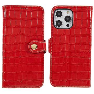 Étui Portefeuille iPhone 14 Pro Max en Cuir - Crocodile - Rouge