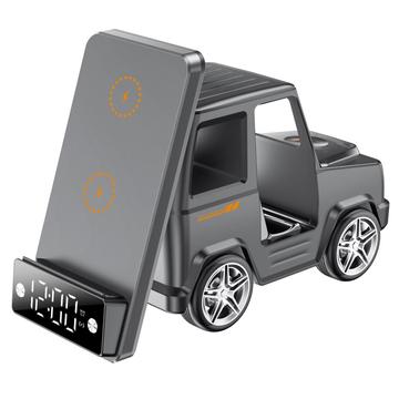 G63 Chargeur sans fil 15W en forme de voiture avec haut-parleur Bluetooth, horloge et lumière d\'ambiance - Gris