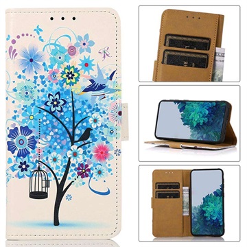 Étui Portefeuille Samsung Galaxy S21 FE 5G - Série Glam - Arbre Fleuri / Bleu