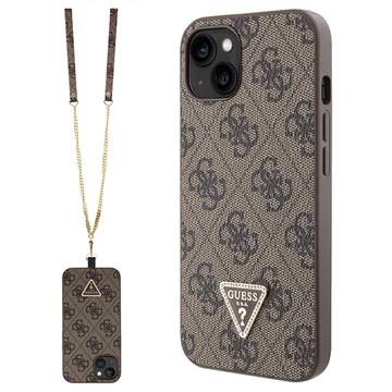 Coque iPhone 15 avec Crossbody Sangle Guess 4G Strass Triangle Metal Logo - Marrone