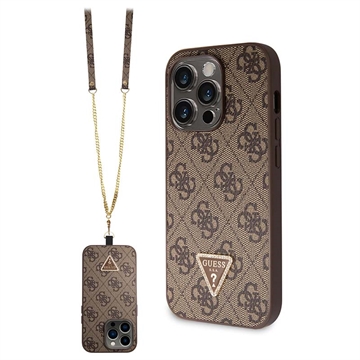 Coque iPhone 15 Pro Max avec Crossbody Sangle Guess 4G Strass Triangle Metal Logo - Marrone