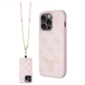 Coque iPhone 15 Pro Max avec Crossbody Sangle Guess 4G Strass Triangle Metal Logo - Rose