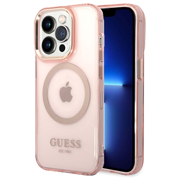 Coque Hybride iPhone 14 Pro Max Guess Gold Outline MagSafe - Rose Translucide