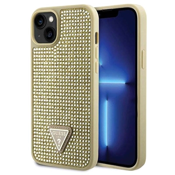 Coque iPhone 15 Guess Rhinestones Triangle Metal Logo - Doré