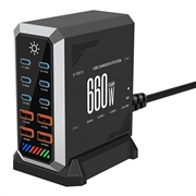 Station de charge USB-C à 10 ports avec écran HHW 660W GaN - 6xUSB-C, 4xUSB-A - Noir