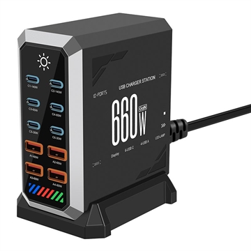 Station de charge USB-C à 10 ports avec écran HHW 660W GaN - 6xUSB-C, 4xUSB-A - Noir