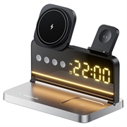 HT-568 Chargeur sans fil magnétique 3-en-1 avec réveil et lampe de bureau - Noir