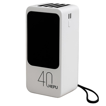 Banque d\'alimentation Hepu XL HP210 40000mAh avec câbles USB-C/Lightning/USB-A/MicroUSB - Blanc