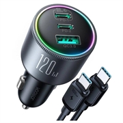 Chargeur voiture Joyroom puissant à 3 ports PD QC avec câble USB-C de 1.2m - 145W - Gris foncé