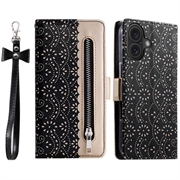 Étui Portefeuille iPhone 16 Plus Lace Pattern - Noir