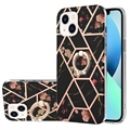 Coque iPhone 15 Plus en TPU Marble Pattern IMD avec Support de Bague - Noir