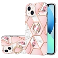 Coque iPhone 15 Plus en TPU Marble Pattern IMD avec Support de Bague - Rose / Blanc