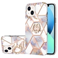 Coque iPhone 15 Plus en TPU Marble Pattern IMD avec Support de Bague - Violet / Blanc