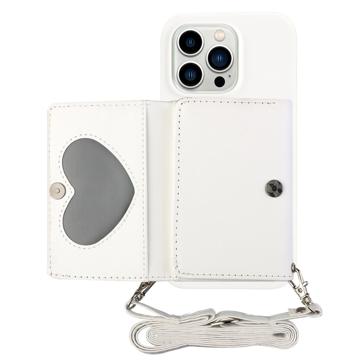 Coque iPhone 14 Pro avec Portefeuille et Sangle - Série Heart - Blanc