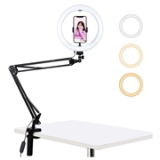 PULUZ 10.2" 26cm Ring Curved Light + Desktop Arm Stand USB 3 Modes Dimmable Dual Color Temperature LED Vlogging Selfie Photography Video Lights with Phone Clamp