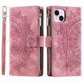 Phone Shell for iPhone 14 Plus, Anti-scratch Mandala Flower Imprinted PU Leather Cover Stand with Multiple Card Slots Zipper Pocket Wallet Case - Rose Gold