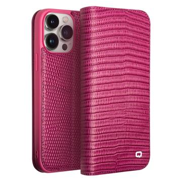 Étui Portefeuille iPhone 15 Pro Max en Cuir Qialino - Crocodile - Rose Vif