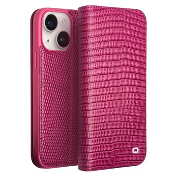 Étui Portefeuille iPhone 15 en Cuir Qialino - Crocodile - Rose Vif