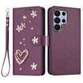 Étui portefeuille Samsung Galaxy S26 Ultra Cœurs et fleurs - Violet foncé
