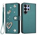 Étui portefeuille Samsung Galaxy S26 Ultra Cœurs et fleurs - Vert