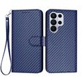 Etui portefeuille premium Samsung Galaxy S26 Ultra avec sangle - Texture fibre de carbone - Bleu carbone
