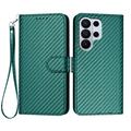 Etui portefeuille premium Samsung Galaxy S26 Ultra avec sangle - Texture fibre de carbone - Vert carbone