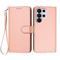 Etui portefeuille premium Samsung Galaxy S26 Ultra avec sangle - Texture fibre de carbone - Rose carbone