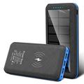 Banque d'énergie solaire 20000mAh avec chargement sans fil, 3x ports USB, double lampe de poche LED - Bleu / Noir